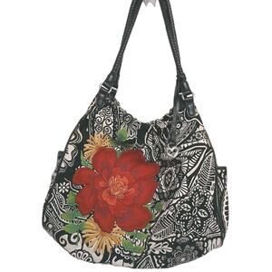 Brighton Poppy Canvas Hobo Tote Purse Black White Flower Embroidered Bohemian